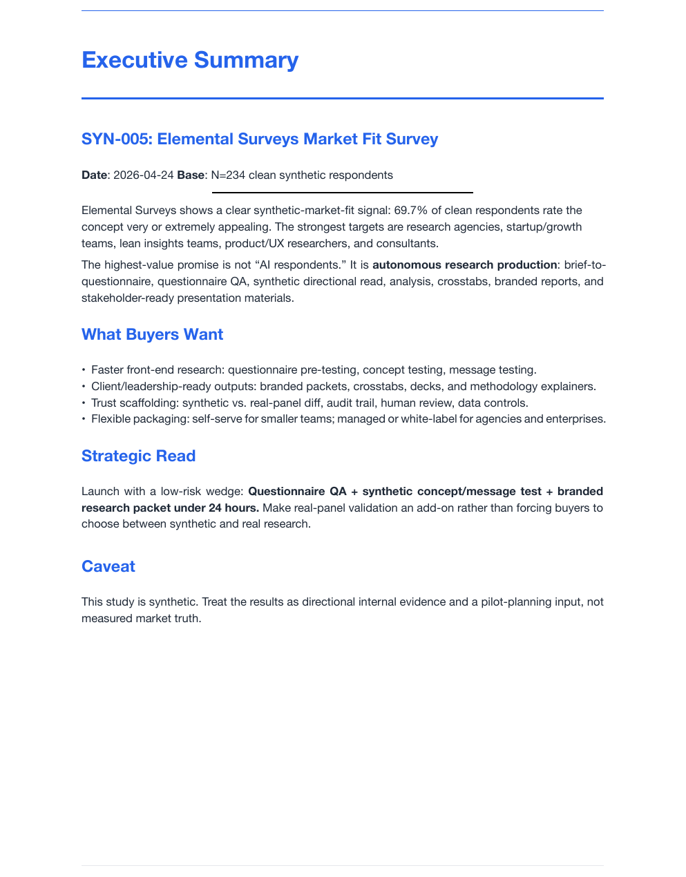 Preview page from the SYN-005 executive summary describing Elemental Surveys as autonomous research production